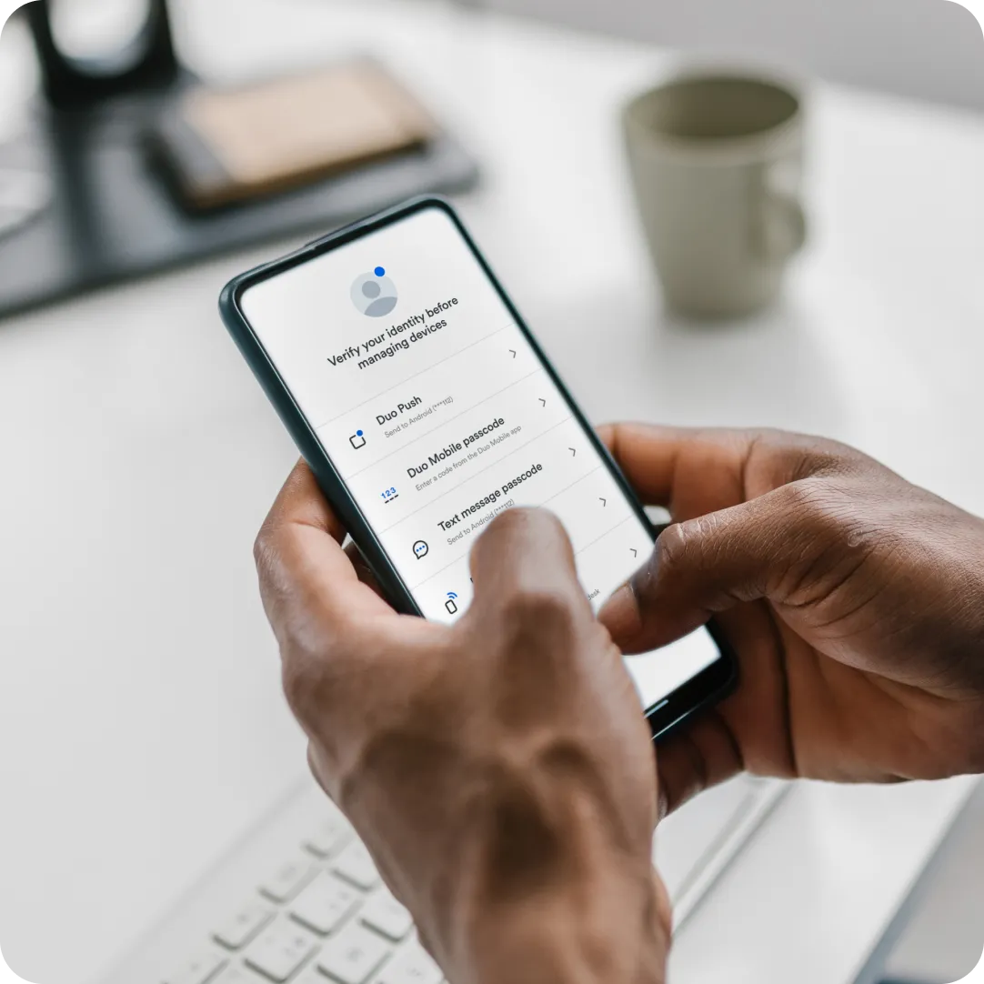 Prompt on mobile device for user to verify their identity with Duo Push, Duo Mobile or text message passcode