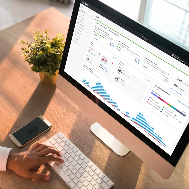 Person using desktop with data dashboard on screen