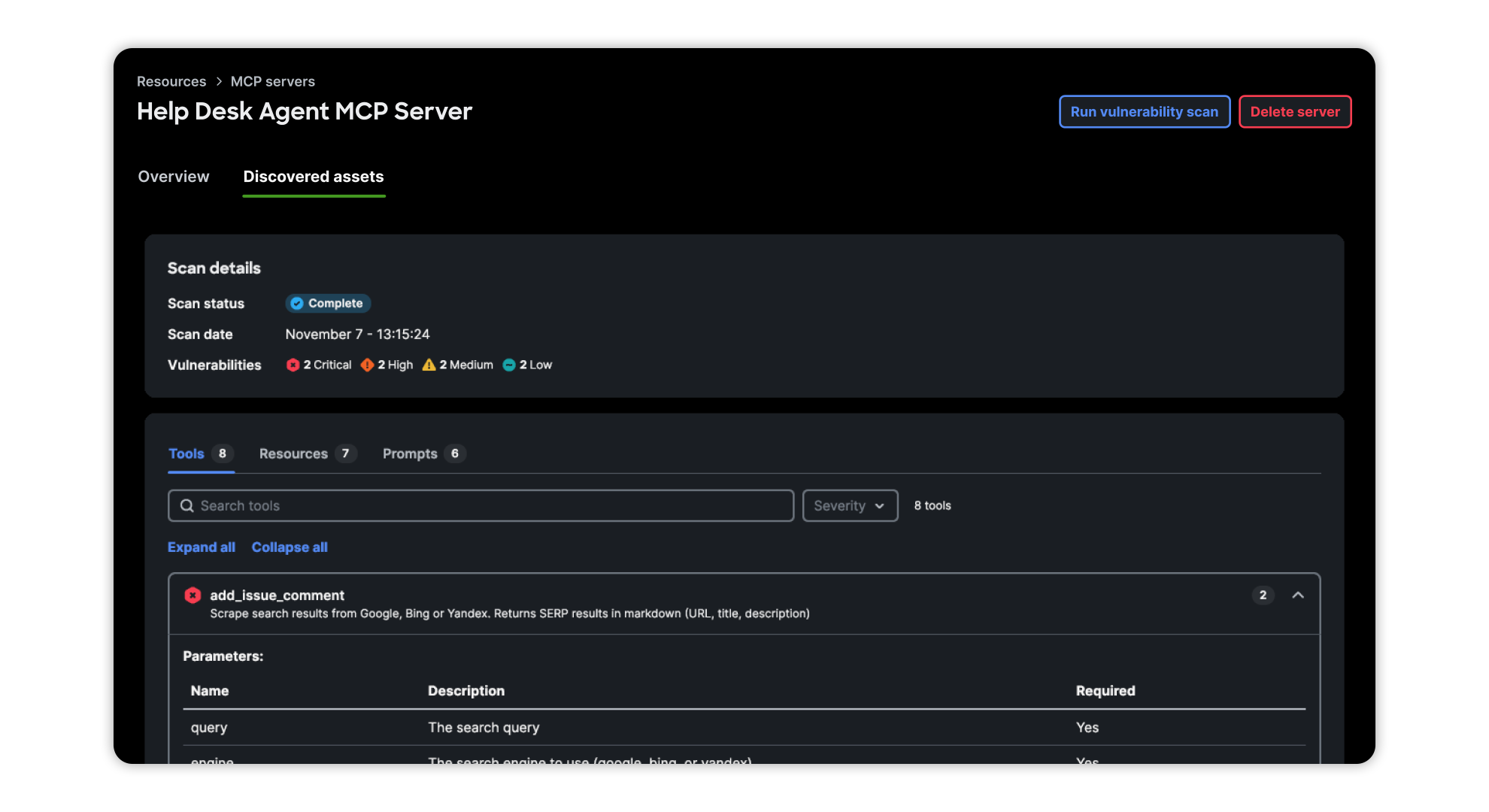 Screenshot displaying enterprise MCP servers identifying threats