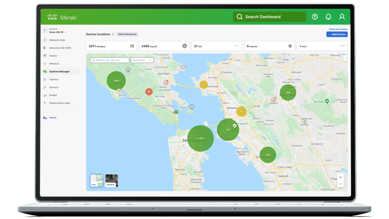 Laptop screen displaying device locations in the Meraki dashboard