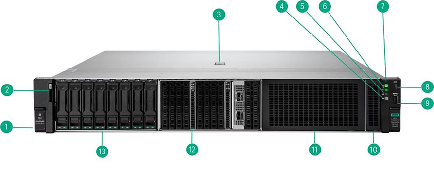 Front View – SFF chassis with optional  EDSFF blank, OCP, and Drive Bay blank shown