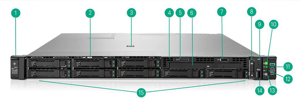 Front View – 8SFF CTO Server - 8SFF + optional Universal Media Bay (Optical drive, DisplayPort, USB 2.0)