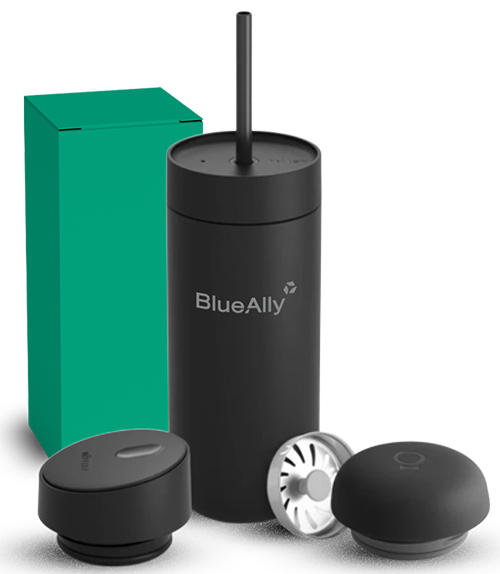 BlueAlly-branded Fellow water bottle beside its gift box.