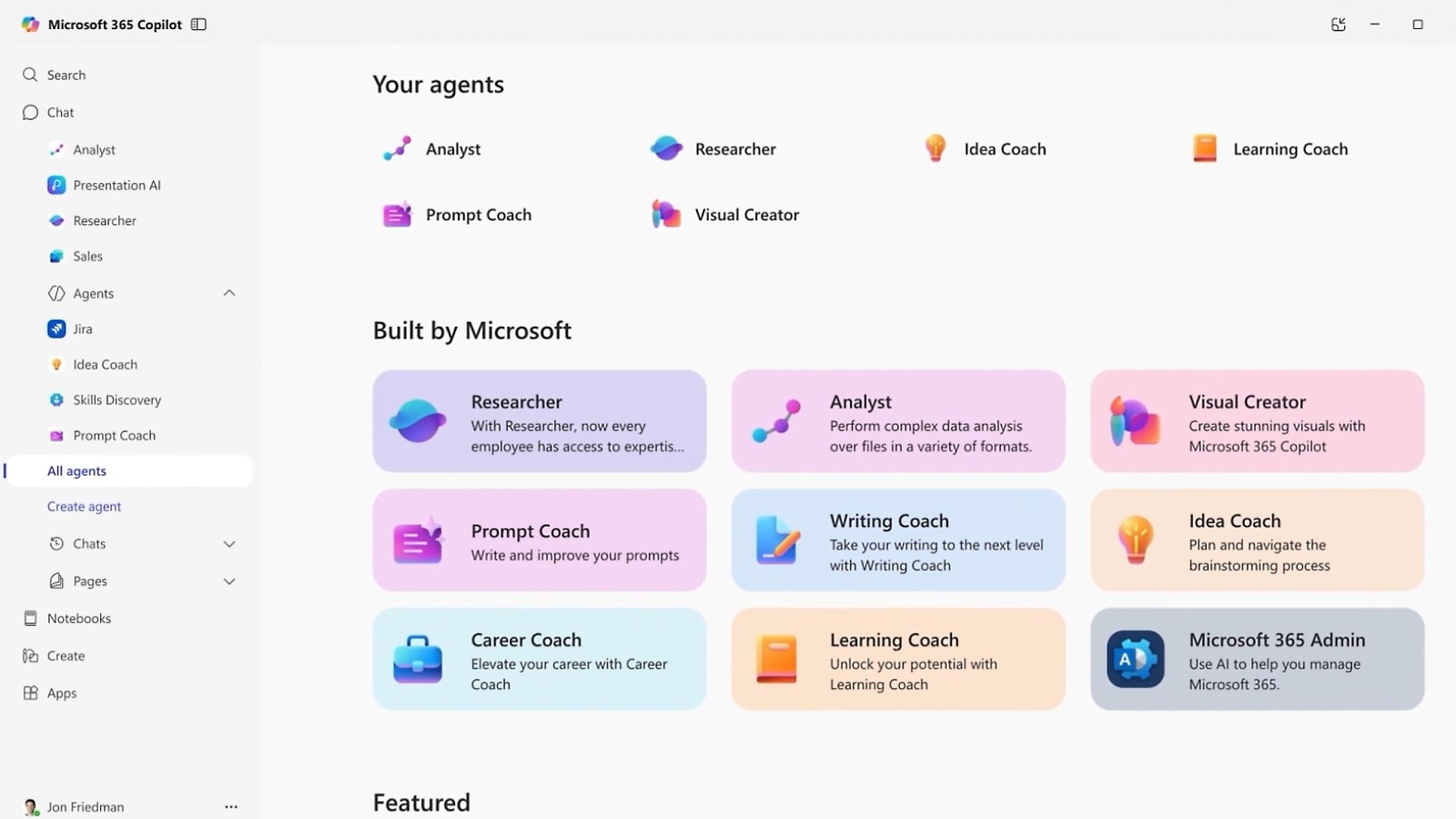 Dashboard interface for Microsoft 365 Copilot showing AI agents like Analyst, Researcher, and Learning Coach.