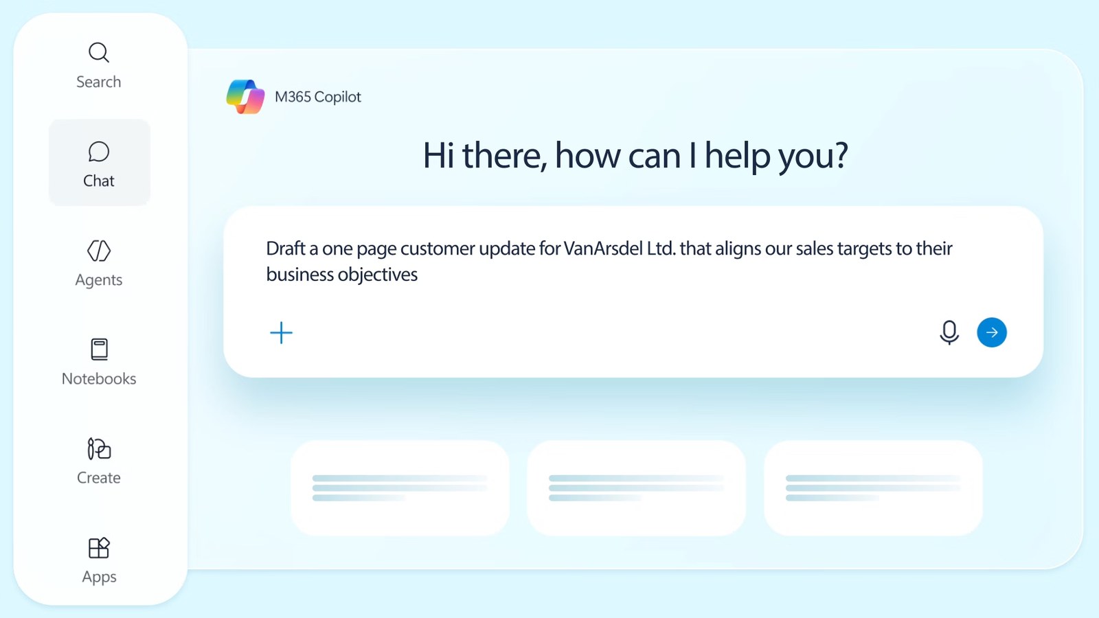 A Microsoft 365 Copilot window headed &ldquo;Hi there, how can I help you?&rdquo; with a typed request to draft a one-page customer update, and a left rail listing Search, Chat, Agents, Notebooks, Create and Apps.