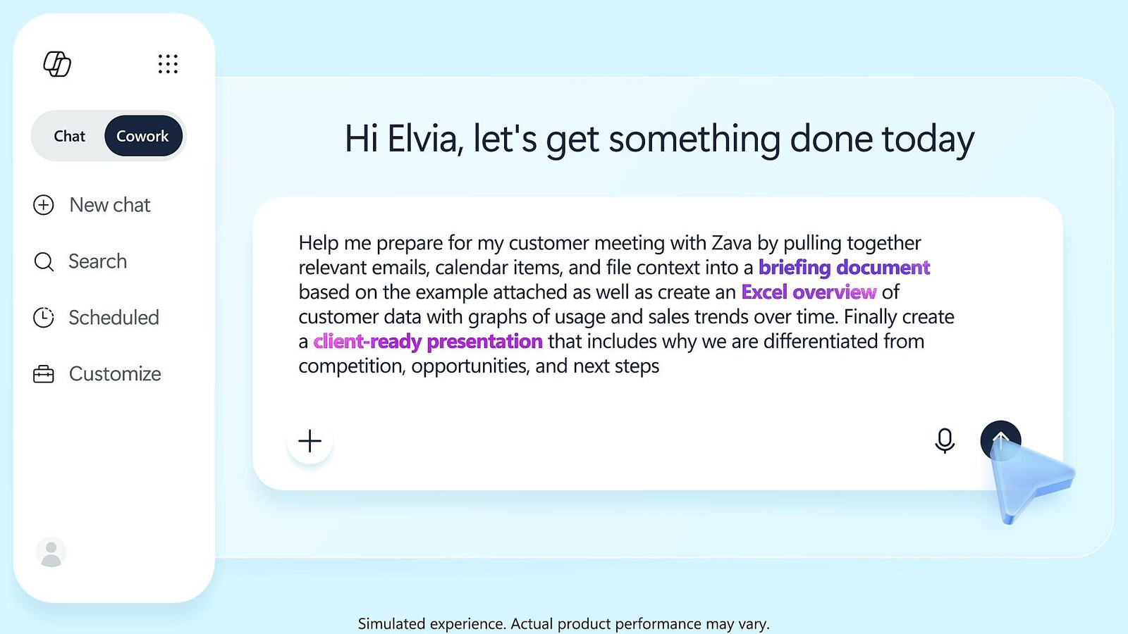A Copilot Cowork window headed &ldquo;Hi Elvia, let&rsquo;s get something done today&rdquo; with a multi-step request to prepare for a customer meeting, captioned by Microsoft as a simulated experience.