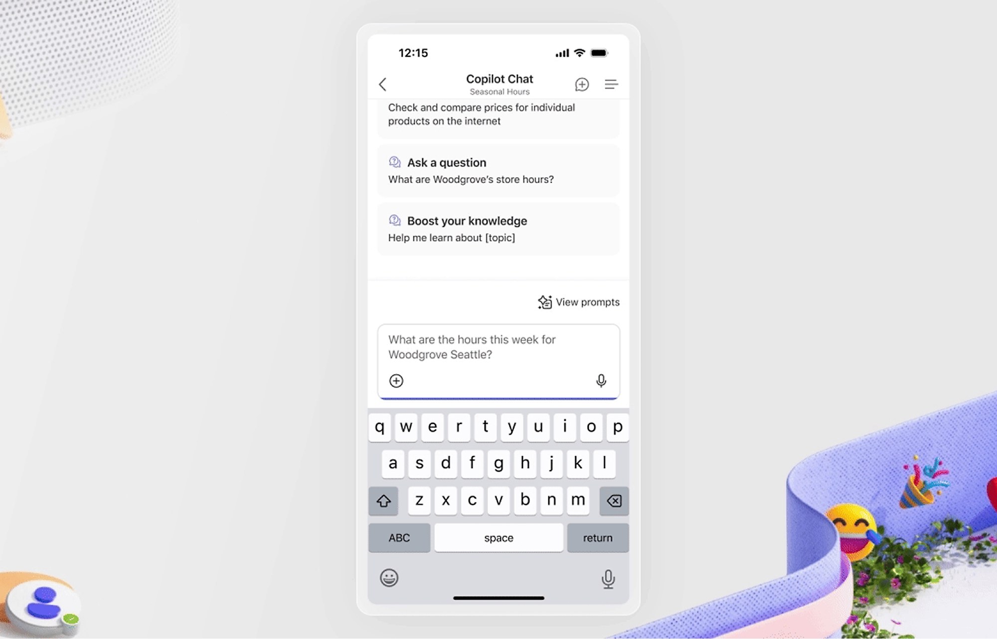 A phone showing Copilot Chat with an &ldquo;Ask a question&rdquo; prompt, a &ldquo;Boost your knowledge&rdquo; suggestion and the on-screen keyboard open.