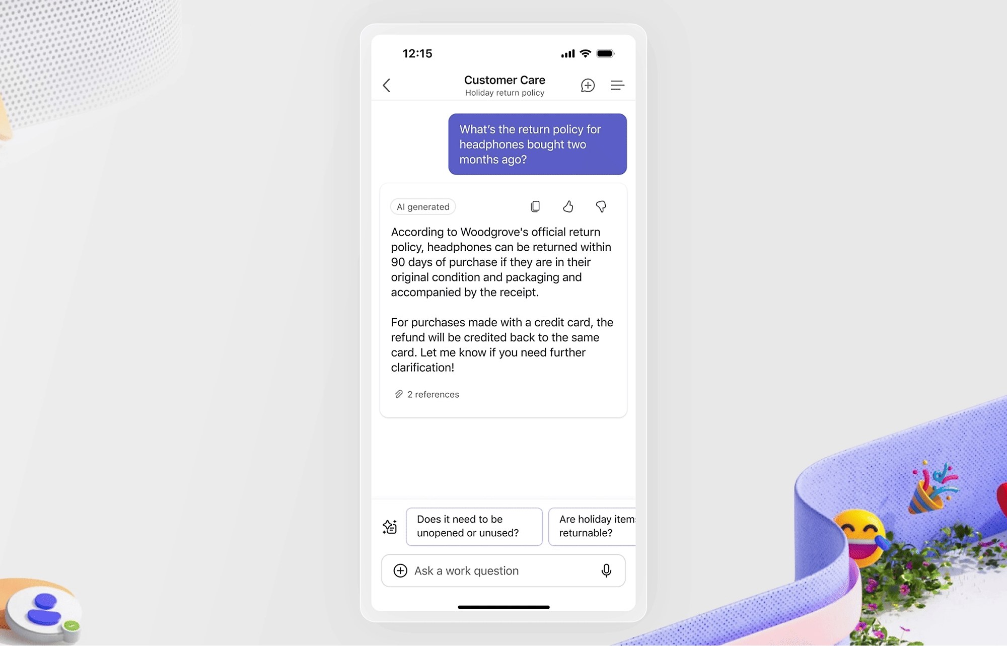 A phone showing a &ldquo;Customer Care&rdquo; agent chat answering a question about the return policy on a pair of headphones.