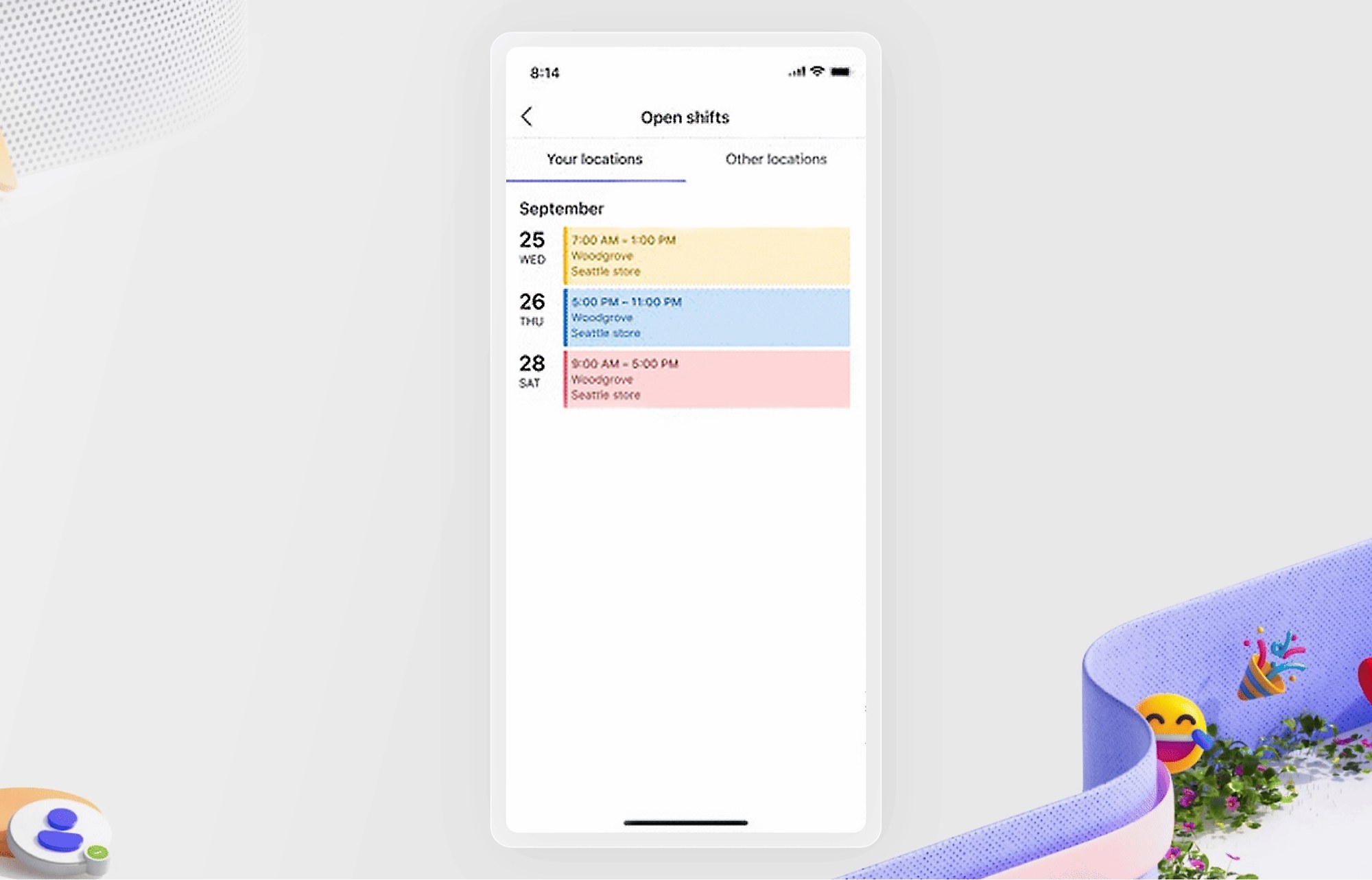 A phone showing an &ldquo;Open shifts&rdquo; list with colour-coded shifts on three September dates.