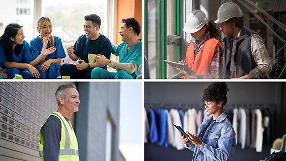A collage of diverse people, including workers in safety gear, medical scrubs, and casual settings.