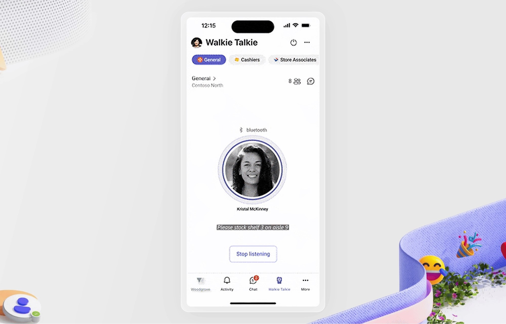 A phone showing a Walkie Talkie channel with a participant&rsquo;s photo and a &ldquo;Stop listening&rdquo; button.
