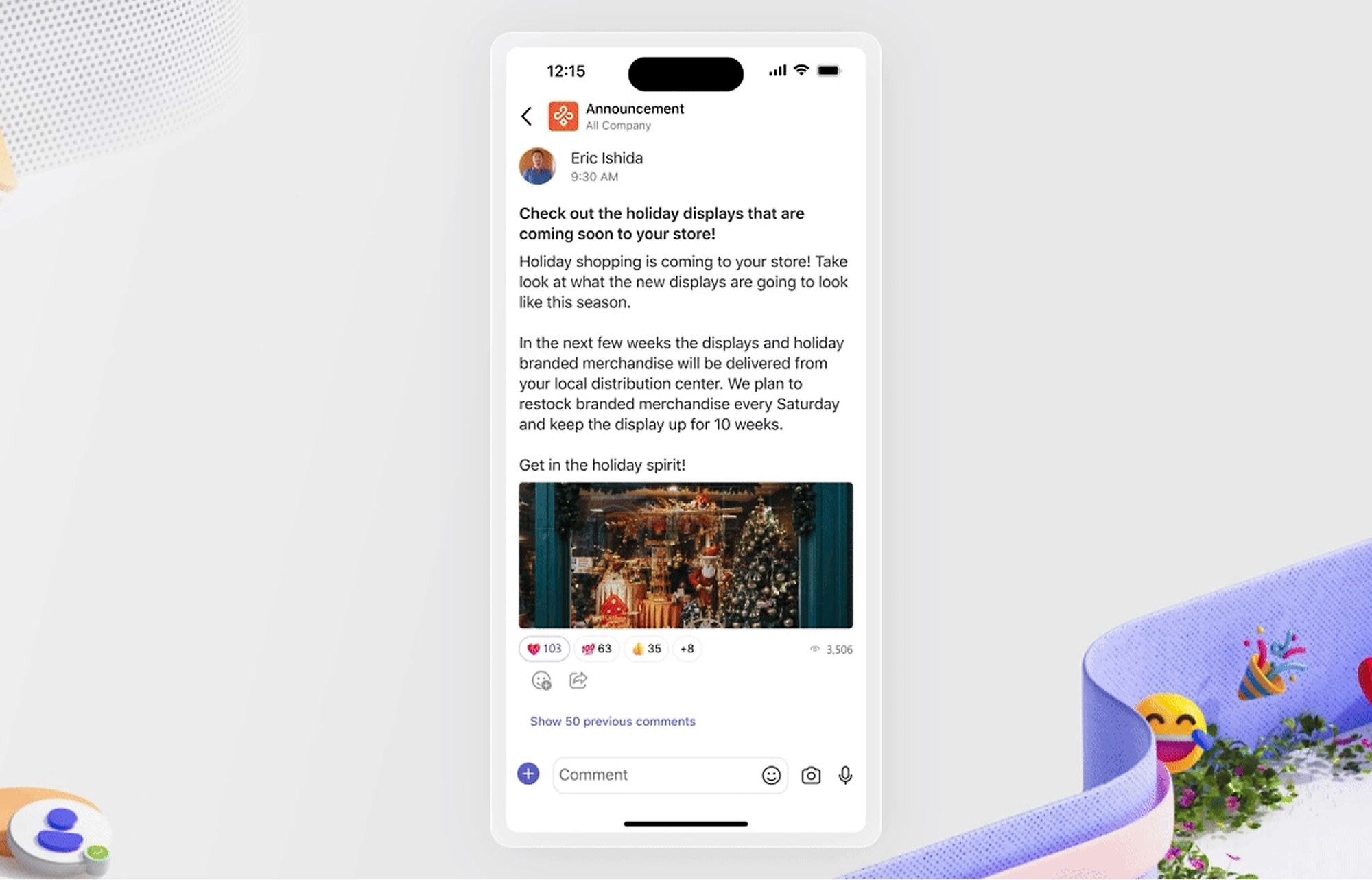 A phone showing an announcement post about holiday displays arriving in store, with a photograph and a comment box.