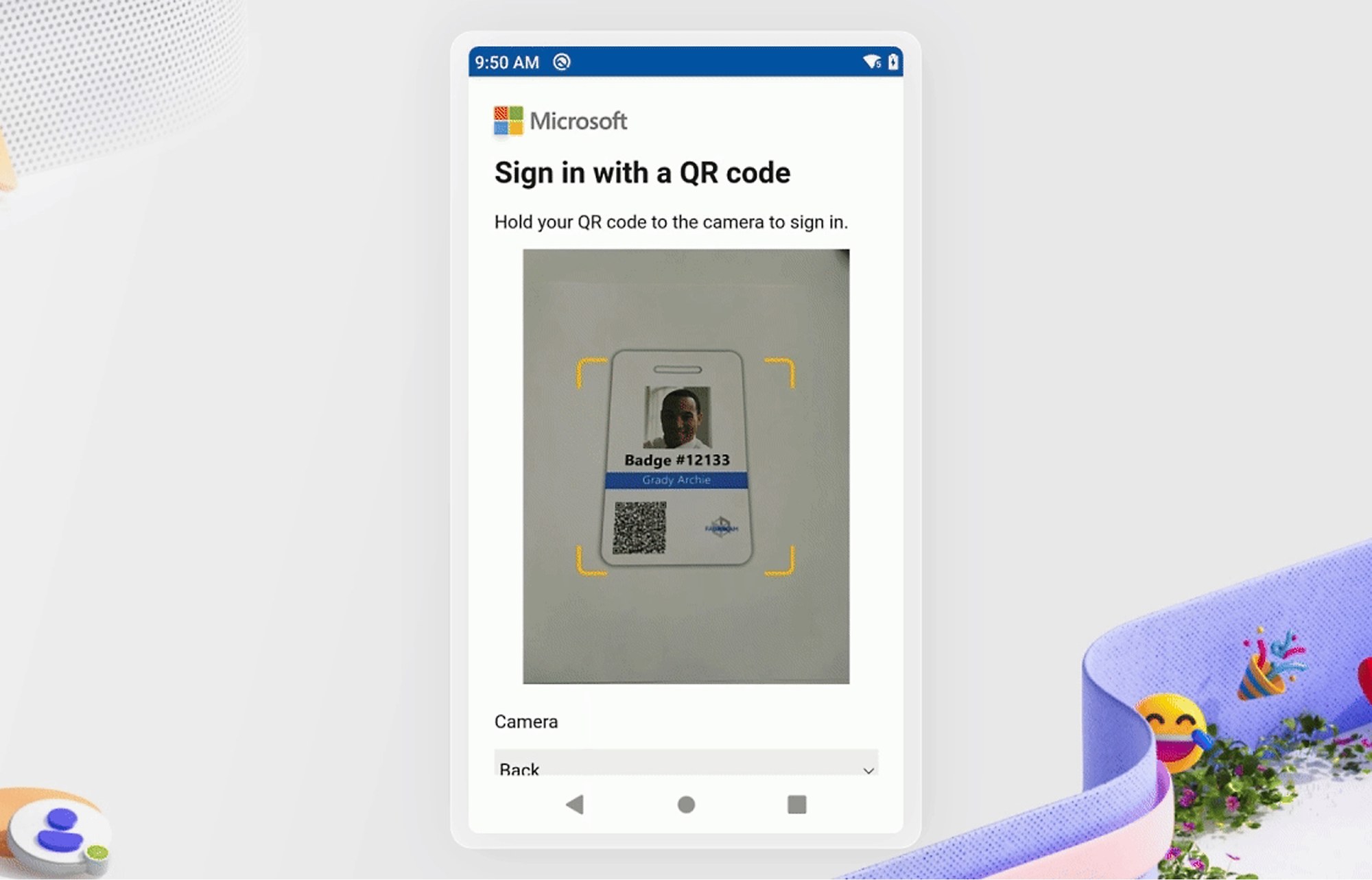 A phone showing a Microsoft &ldquo;Sign in with a QR code&rdquo; screen, with a worker badge held inside the camera frame.
