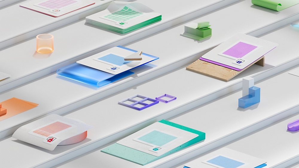 Abstract digital art with Excel, Word icons, floating sheets, pie chart, and UI elements on a soft gradient background.