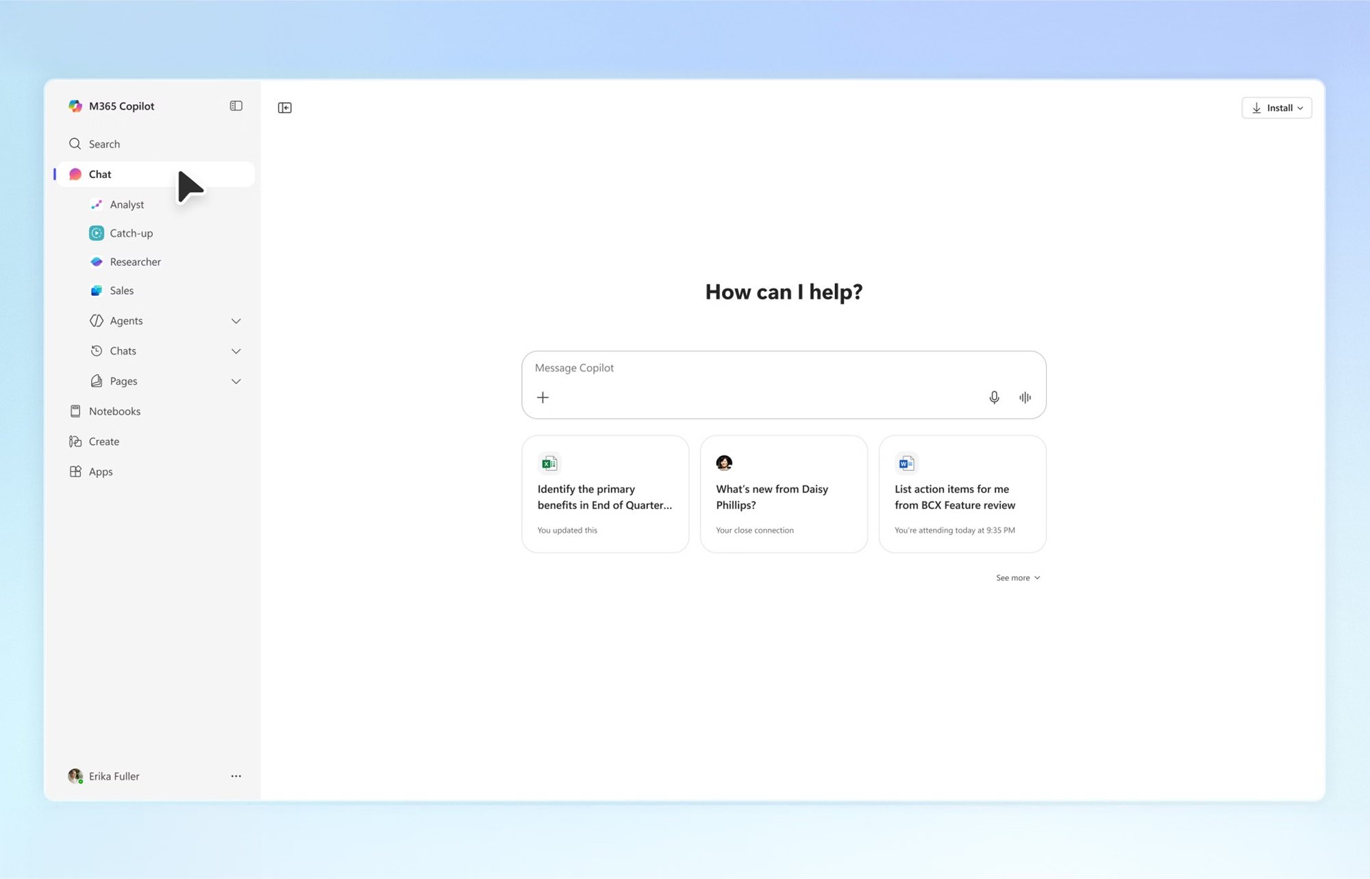 The Microsoft 365 Copilot chat window open on a laptop, showing the prompt How can I help?