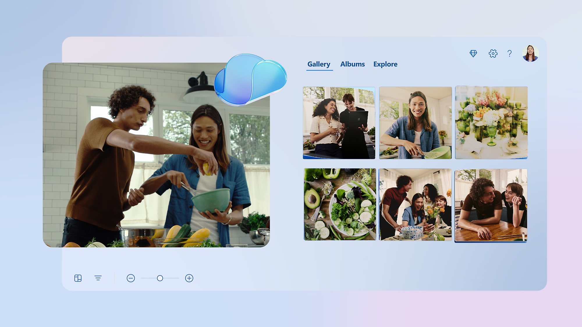 A photo gallery app open on screen, showing pictures of people cooking and eating together.