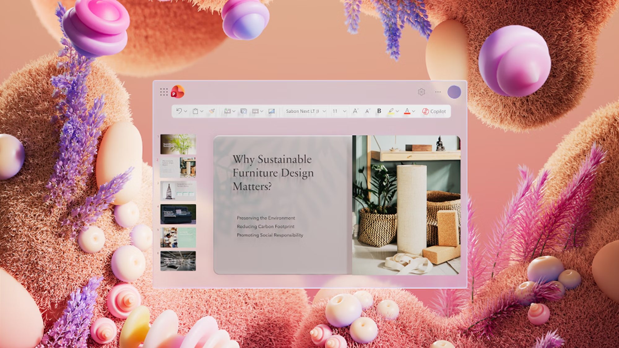 A browser window showing an article titled Why Sustainable Furniture Design Matters, surrounded by abstract three-dimensional shapes.