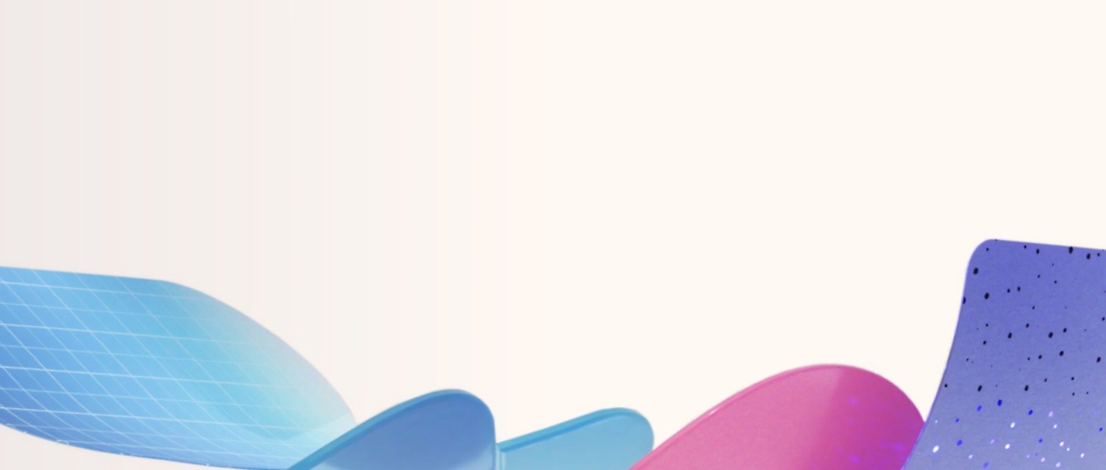Abstract ribbons of blue, purple and pink curling across a pale background.