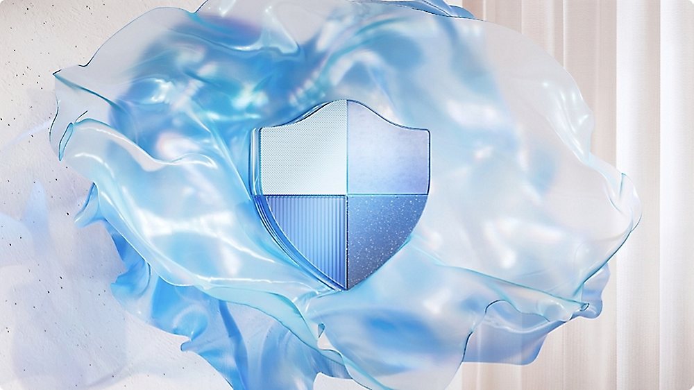 A blue and white shield emblem held inside a flowing sheet of translucent blue fabric.
