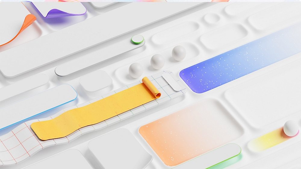 An abstract white control surface with sliders, buttons and coloured gradient pills laid across it.