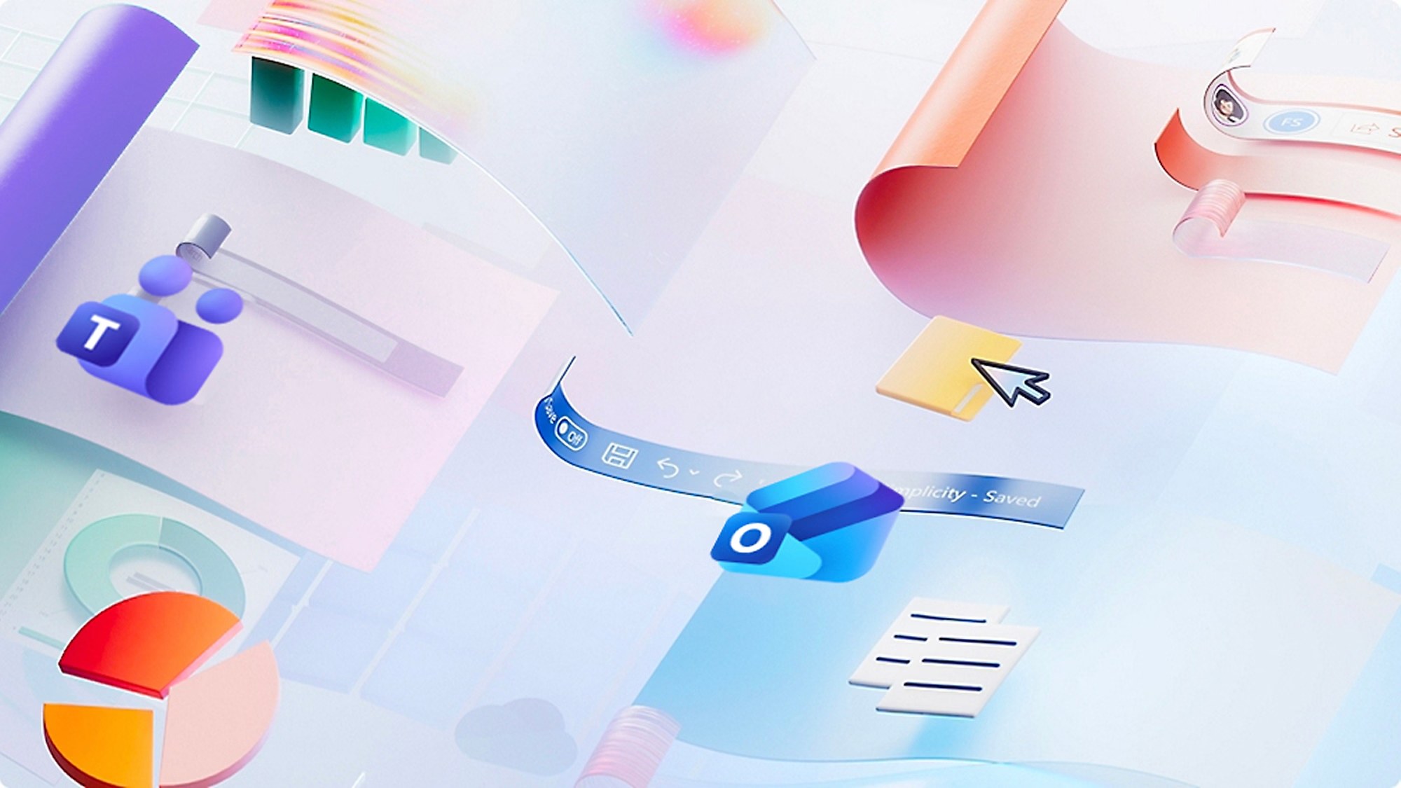 An abstract three-dimensional scene of floating document cards, bar and pie charts and a Word ribbon strip, with the Microsoft Teams and Outlook app icons among them.