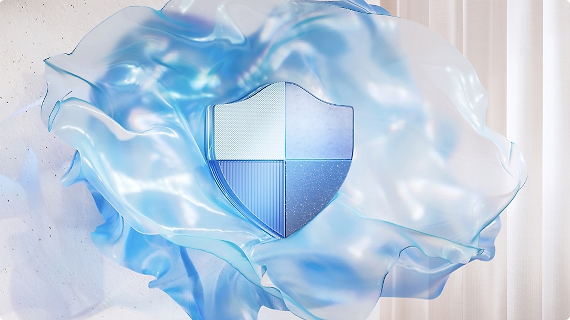 A blue quartered shield emblem held inside a flowing sheet of translucent blue fabric.