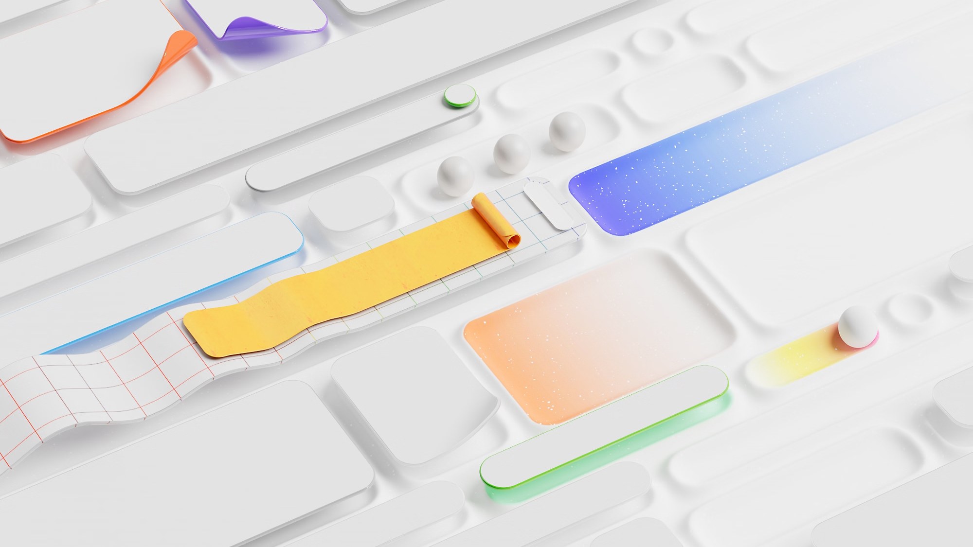 An abstract white surface of rounded pills and spheres, crossed by a yellow band and by blue, orange and green gradient panels.