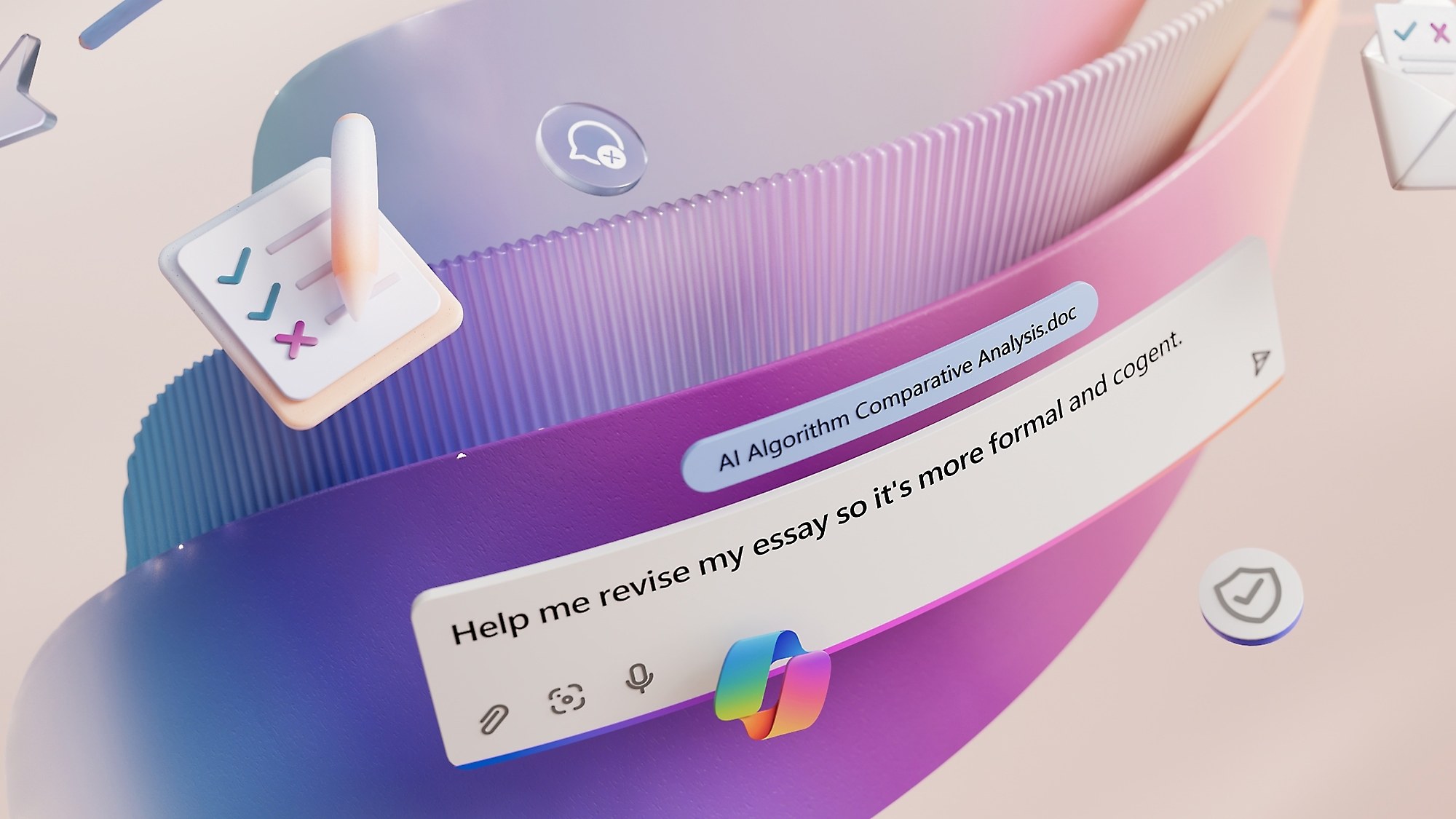 A prompt box reading &ldquo;Help me revise my essay so it&rsquo;s more formal and cogent.&rdquo; above a Copilot icon, attached to a file chip labelled &ldquo;AI Algorithm Comparative Analysis.doc&rdquo;, on a purple and pink ribbon.