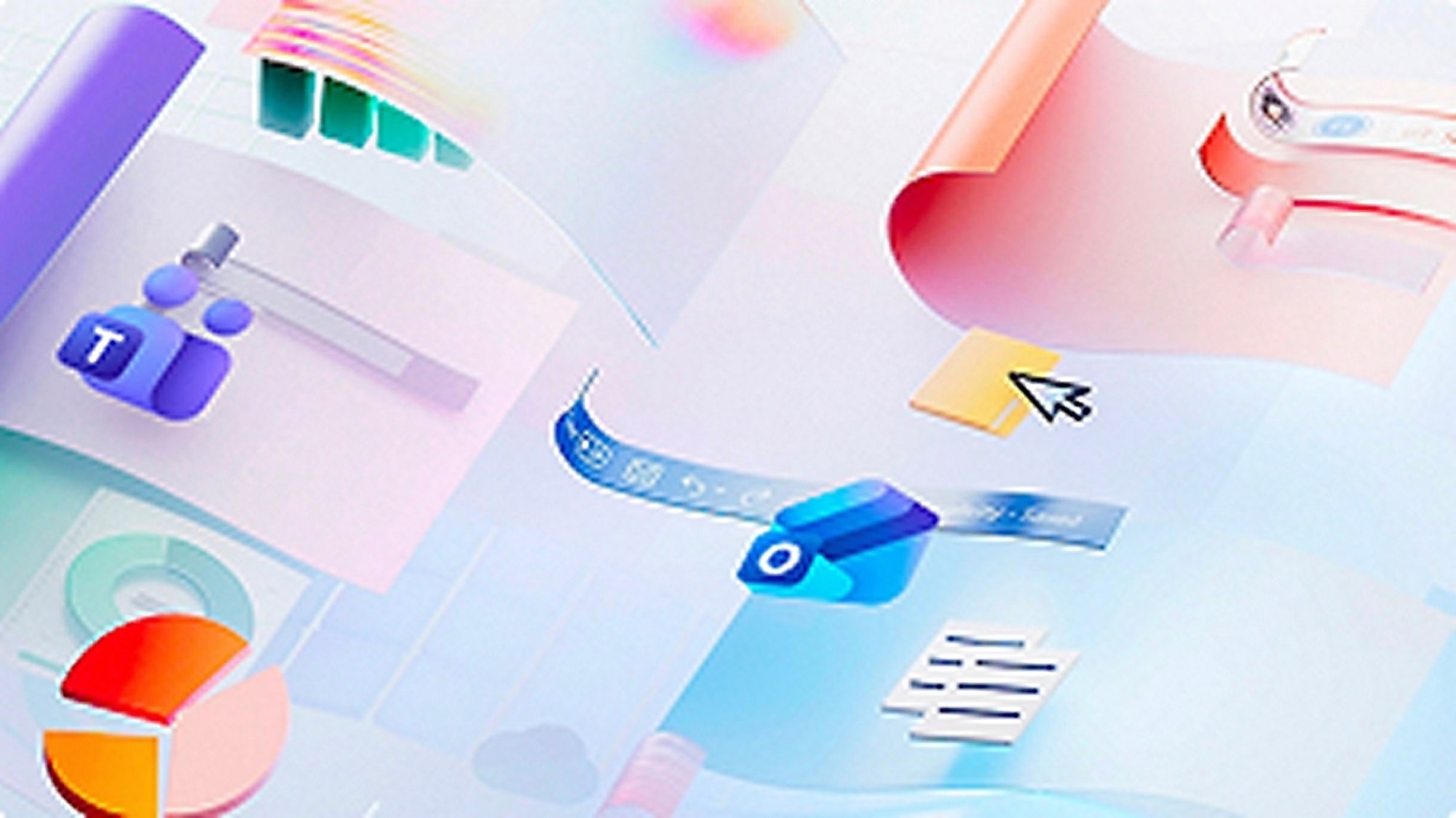 An abstract three-dimensional scene of floating document cards, bar and pie charts and a Word ribbon strip, with the Microsoft Teams and Outlook app icons among them.