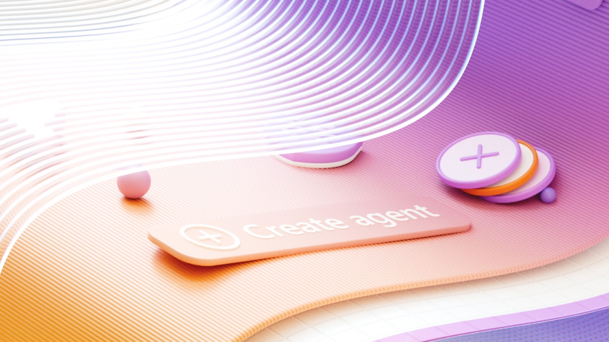 A raised button labelled &ldquo;Create agent&rdquo; with a plus sign, beside a stack of purple and orange discs, on a ridged orange and purple surface.