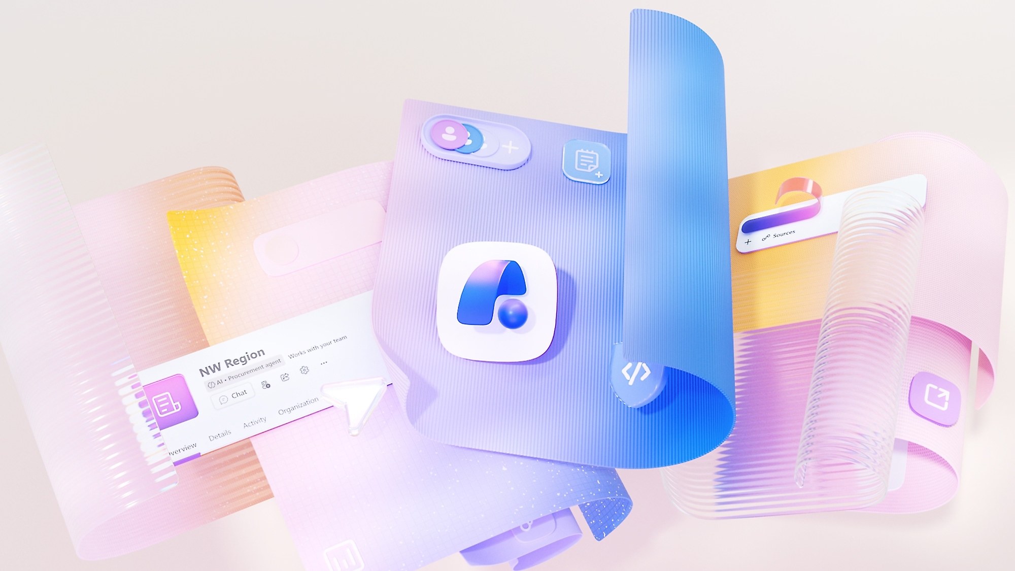 Floating translucent panels around a rounded app tile, with an agent card headed &ldquo;NW Region&rdquo; labelled &ldquo;AI &middot; Procurement agent&rdquo; and tabs for Details, Activity and Organization.