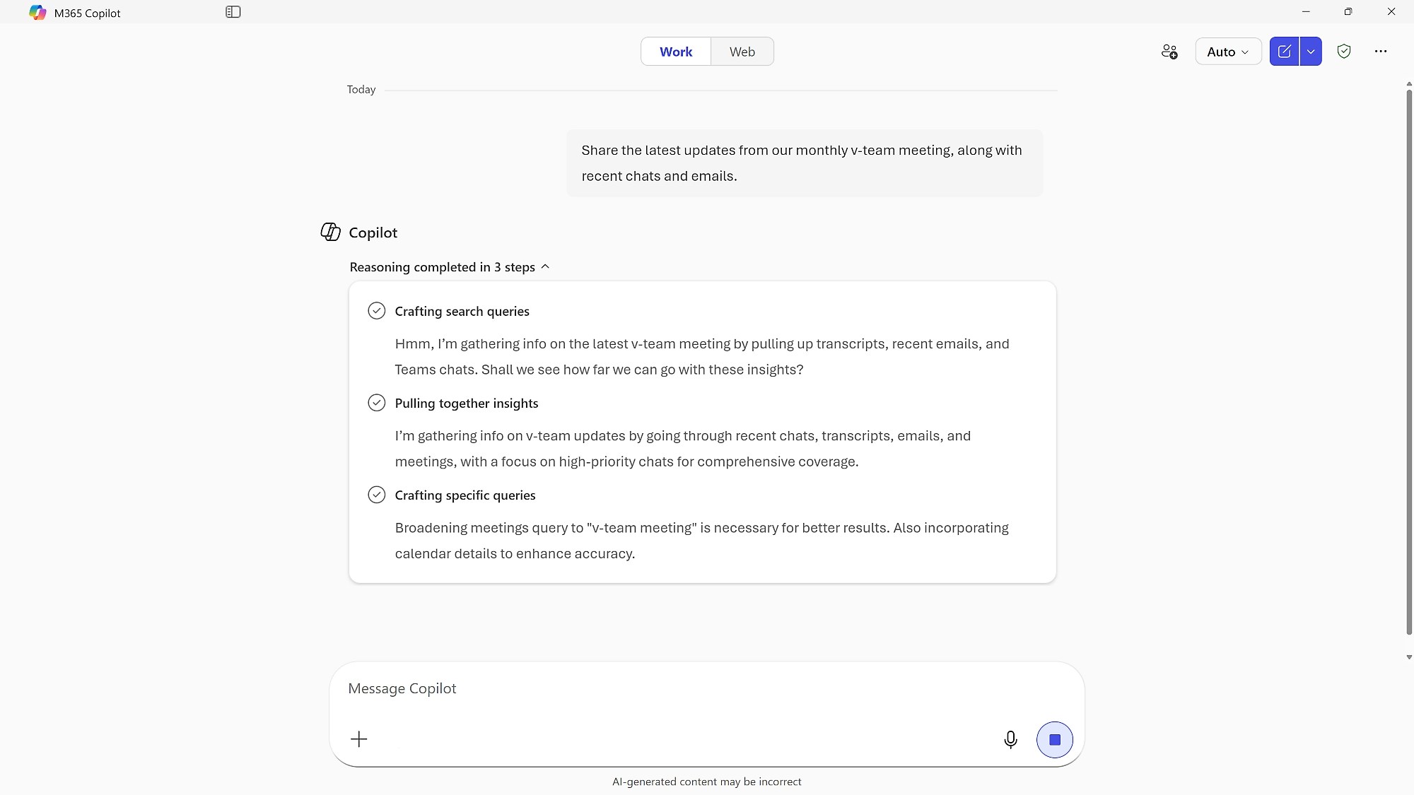 A Microsoft 365 Copilot window in which a request for the latest updates from a monthly v-team meeting returns a &ldquo;Reasoning completed in 3 steps&rdquo; panel listing each step.