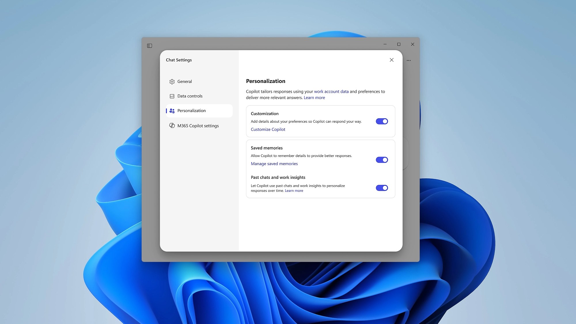 A Chat Settings panel open on its Personalization page, with toggles for customization, saved memories and past chat insights, over a blue Windows 11 wallpaper.