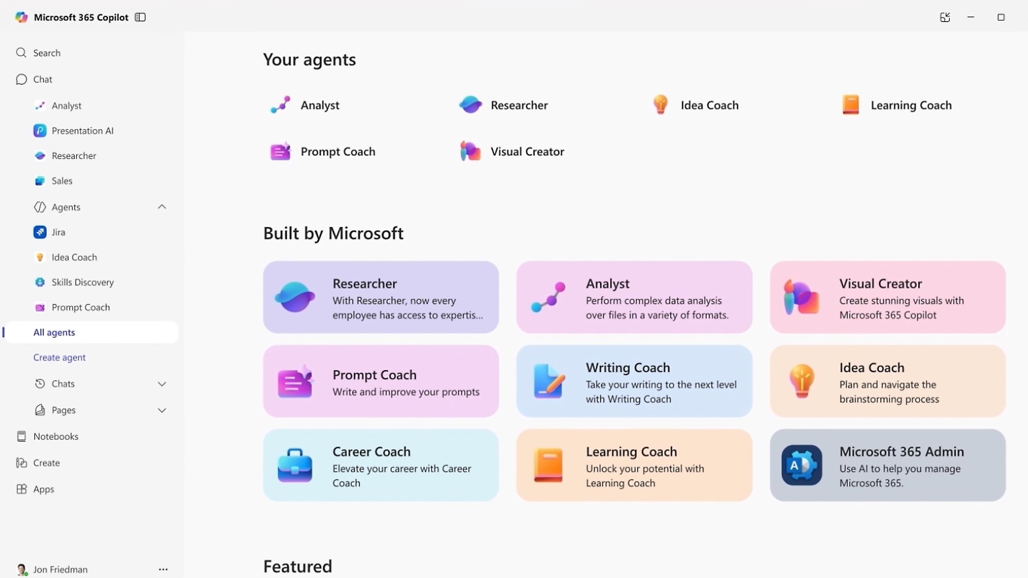 A Microsoft 365 Copilot window headed &ldquo;Your agents&rdquo;, listing Analyst, Researcher, Idea Coach, Prompt Coach and Visual Creator above a &ldquo;Built by Microsoft&rdquo; grid of agent cards.