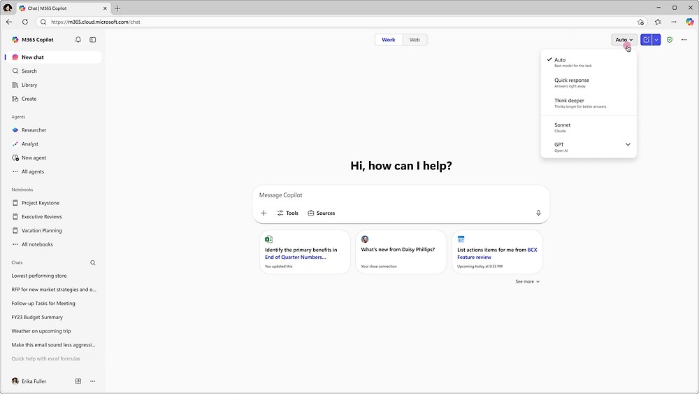 A Microsoft 365 Copilot window headed &ldquo;Hi, how can I help?&rdquo; with a model picker open, offering Auto, Quick response, Think deeper and GPT options.