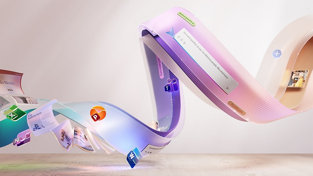 An abstract three-dimensional ribbon curling through the frame with Microsoft app icons and document cards riding along it.