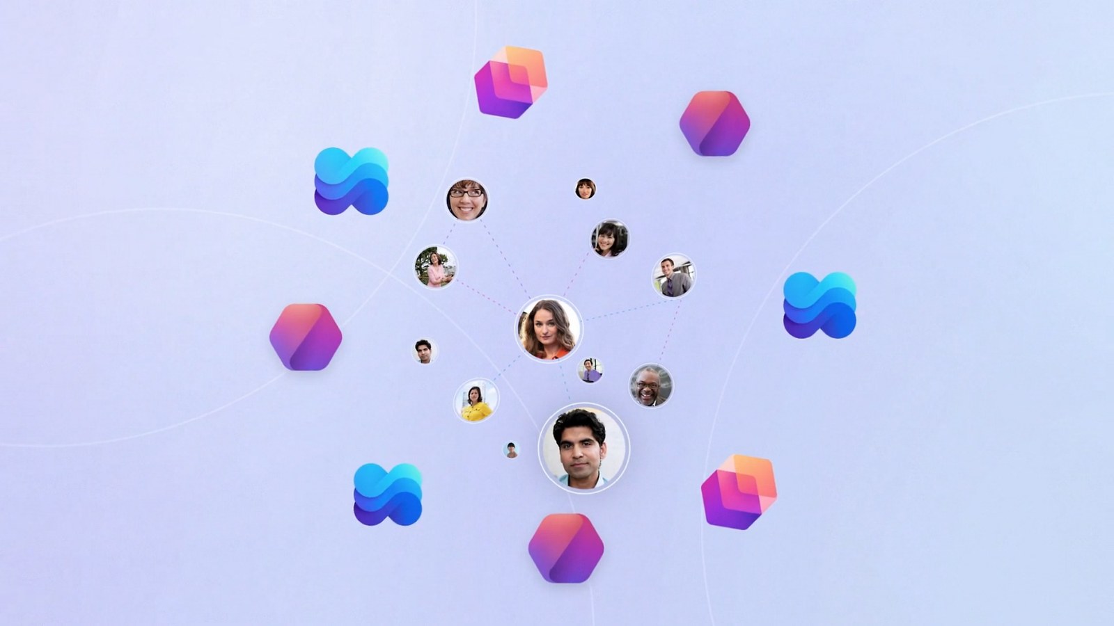 Connected people network with profile icons and Microsoft Power Platform visuals on a soft gradient background