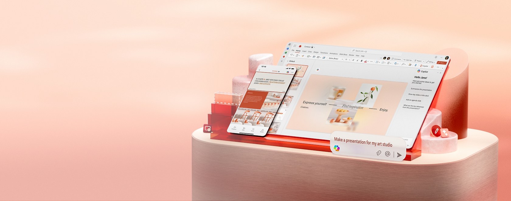 A tablet and a smartphone are displayed on a white surface with pink and white decorative elements