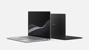 Two Surface Laptop for Business devices side by side, one platinum and one black, shown open at an angle.