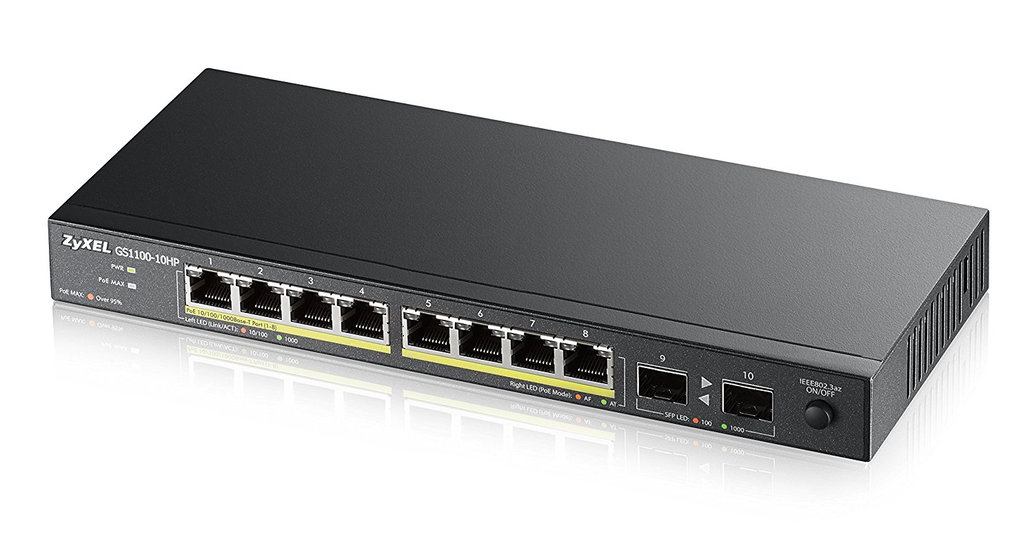 Zyxel GS1100-10HP 8-Port Gigabit 802.3at/802.3af PoE+ (8 Ports GbE PoE) 130W Power Budget and 2x SFP Uplinks